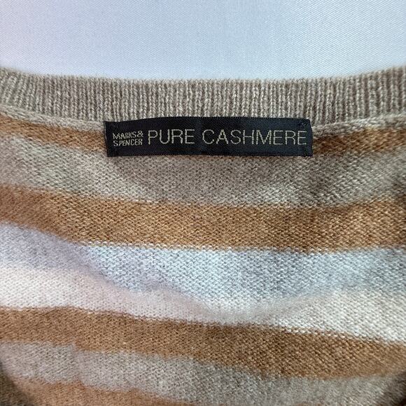 Marks & Spencer Pure Cashmere Striped V-Neck Sweater UK 12 (M/L) Camel Mix - Picture 4 of 14